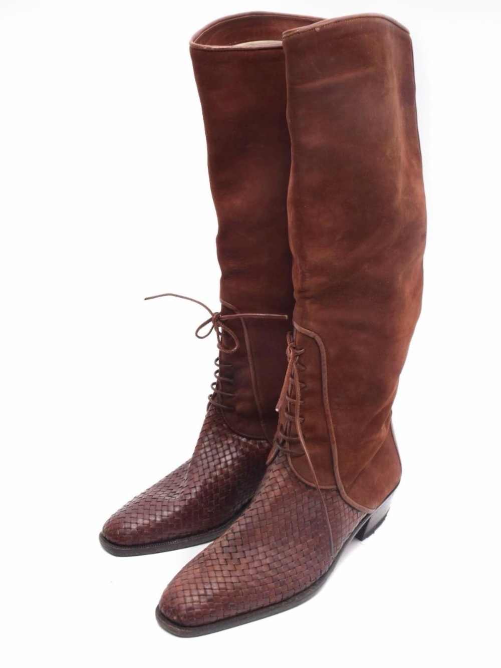 Vintage Via Spiga Brown Woven Leather Tall Lace-Up Boots EU 38 / US 7.5